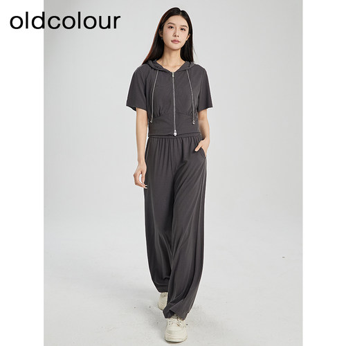 oldcolour夏季新款简约气质运动休闲连帽卫衣套装女Q281401A1-999