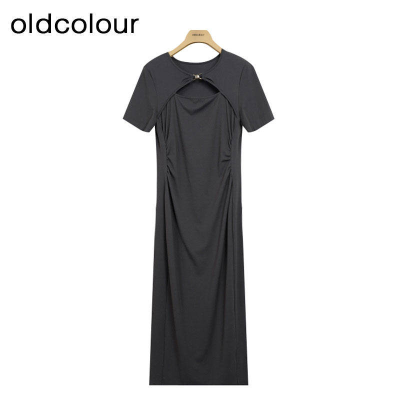 oldcolour夏季新款圆领中腰连衣裙小众镂空假两件中长裙Q24101191