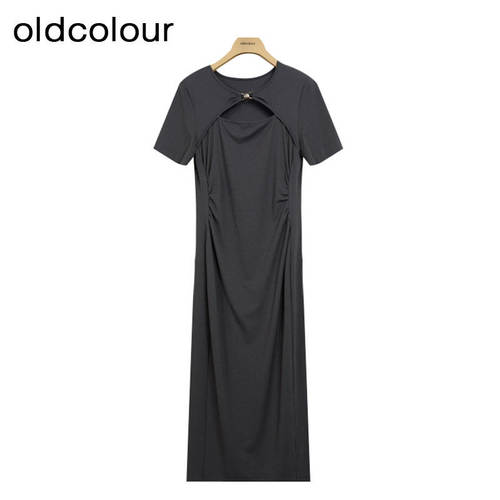 oldcolour夏季新款圆领中腰连衣裙小众镂空假两件中长裙Q24101191