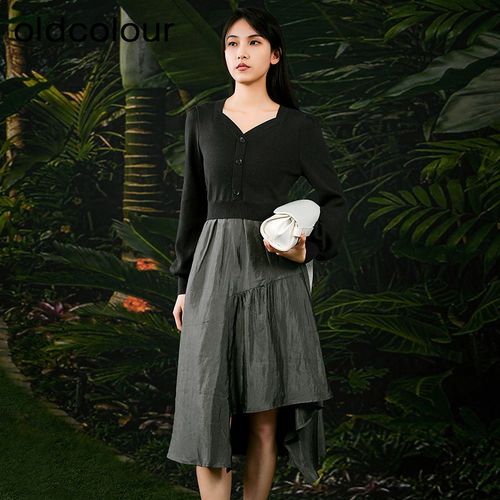 oldcolour欧珂春夏季时尚拼接长袖复古连衣裙女BR11102102