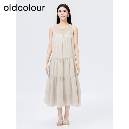 oldcolour欧珂夏季简约宽松显瘦纯色拼接无袖连衣裙女S231003A1