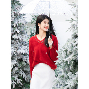 1199 女4450509A1 NUTS冬季 红色高级感气质宽松V领毛衣毛织套头衫