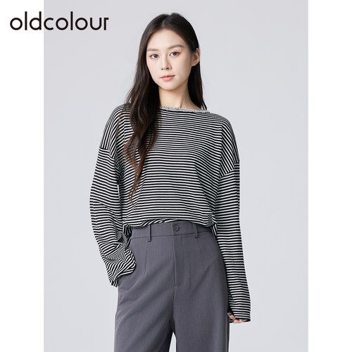 oldcolour欧珂春秋季韩系慵懒风休闲百搭细条纹长袖毛织套头衫