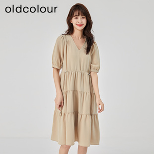 oldcolour2023夏新款 859 森女系气质高腰V领蛋糕连衣裙O22101241