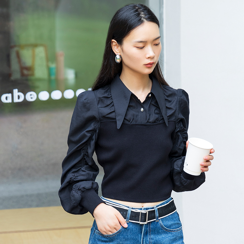 秋新款针织拼接衬衫女