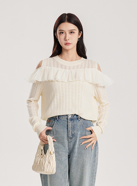 oldcolour春季白色蕾丝拼接法式温柔套头针织衫女DQ180501A1-559