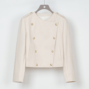 NUTS秋季 白色设计感高级气质双排扣皮衣短外套女335132320 新款