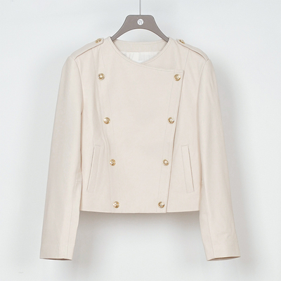 NUTS秋季新款白色设计感高级气质双排扣皮衣短外套女335132320