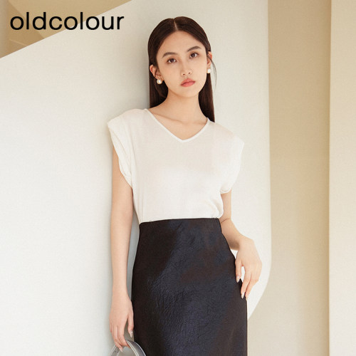 oldcolour夏季新款白色高级感通勤气质V领无袖衬衫女BR280119A1