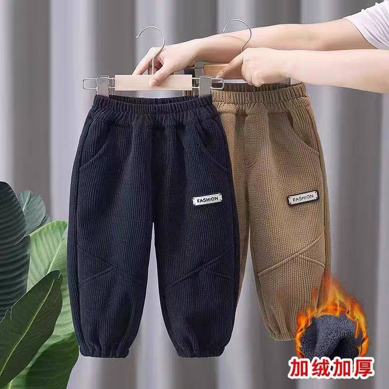男童加绒裤子秋冬季2025新款中小童灯芯绒一体绒长裤冬装条绒长裤
