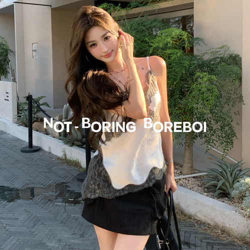 NB B丨 醋酯缎面蕾丝拼接吊带女 V领睫毛蕾丝花边绣内搭上衣蕾丝
