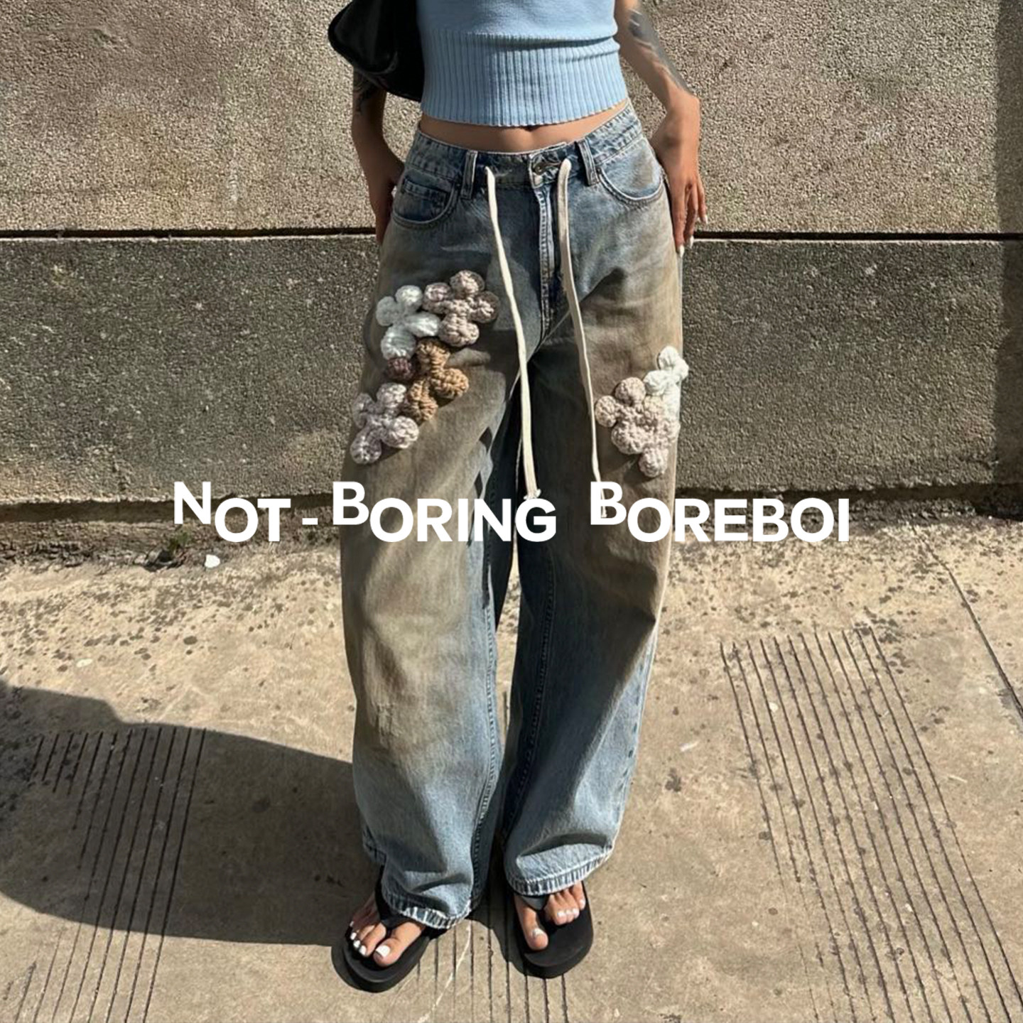 NB B丨重工水洗渐进泥染色牛仔裤毛绣贴片抽绳中腰头阔腿裤脏脏裤