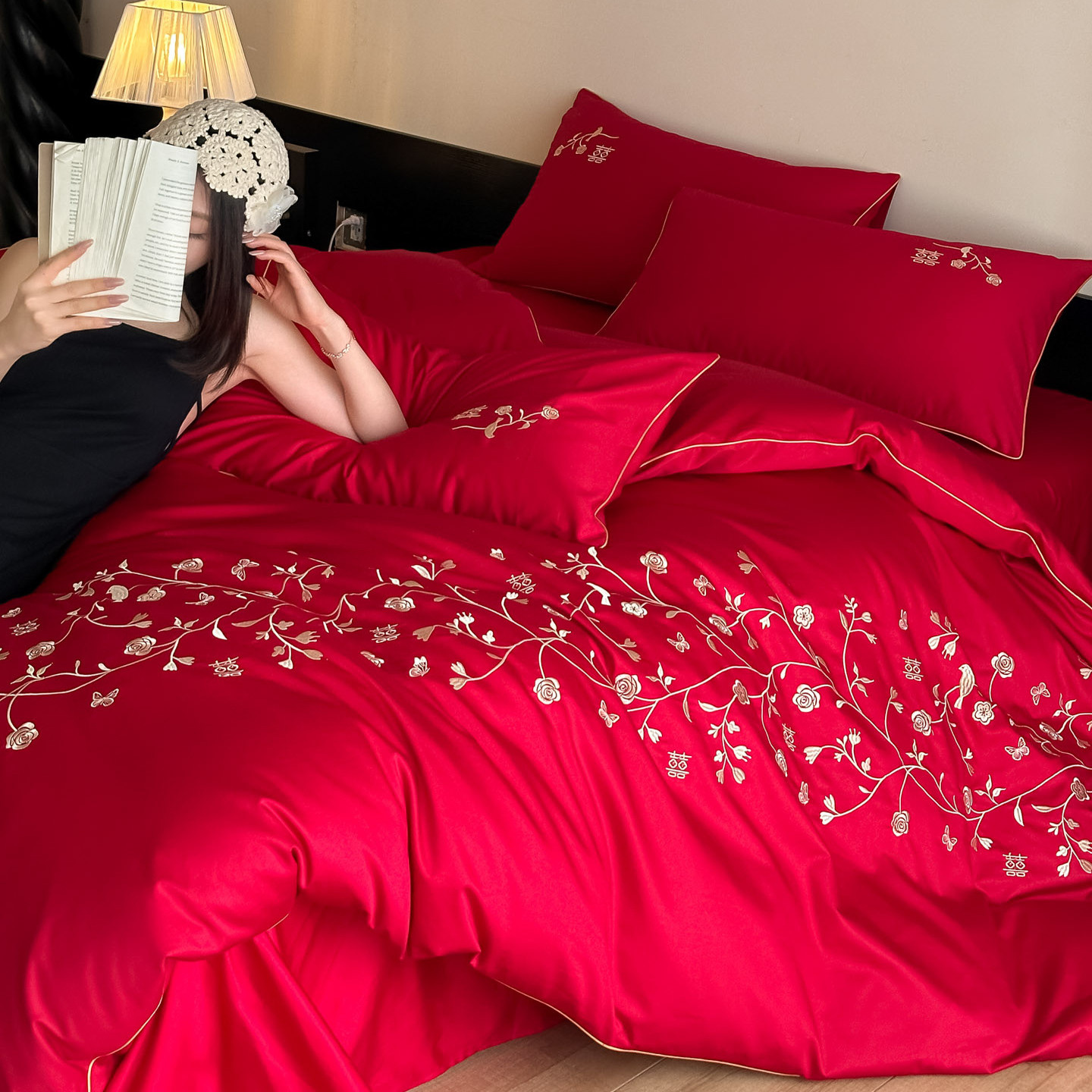 高端结婚100支四件套红色婚嫁刺绣被套床单婚庆喜被婚房床上用品