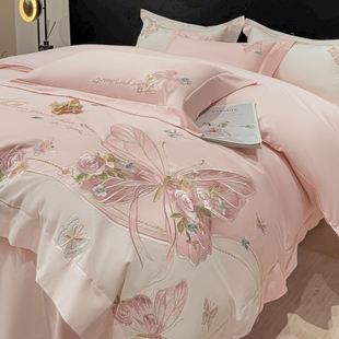 高档轻奢母婴A类长绒棉四件套100%全棉纯棉亲肤刺绣被套床笠床品4