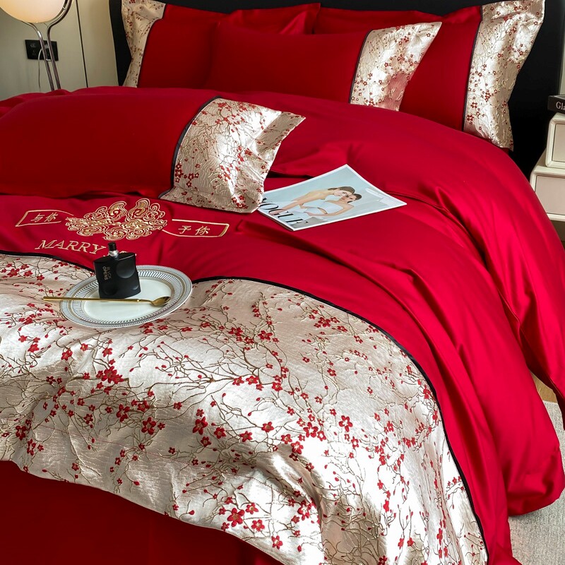 简约浪漫红色结婚160支长绒棉四件套纯棉新婚庆刺绣喜被婚房床品4
