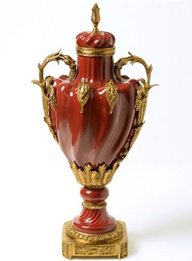 新款欧式古典大红色陶瓷配铜高档摆件美式L别墅花瓶果盘婚庆工艺