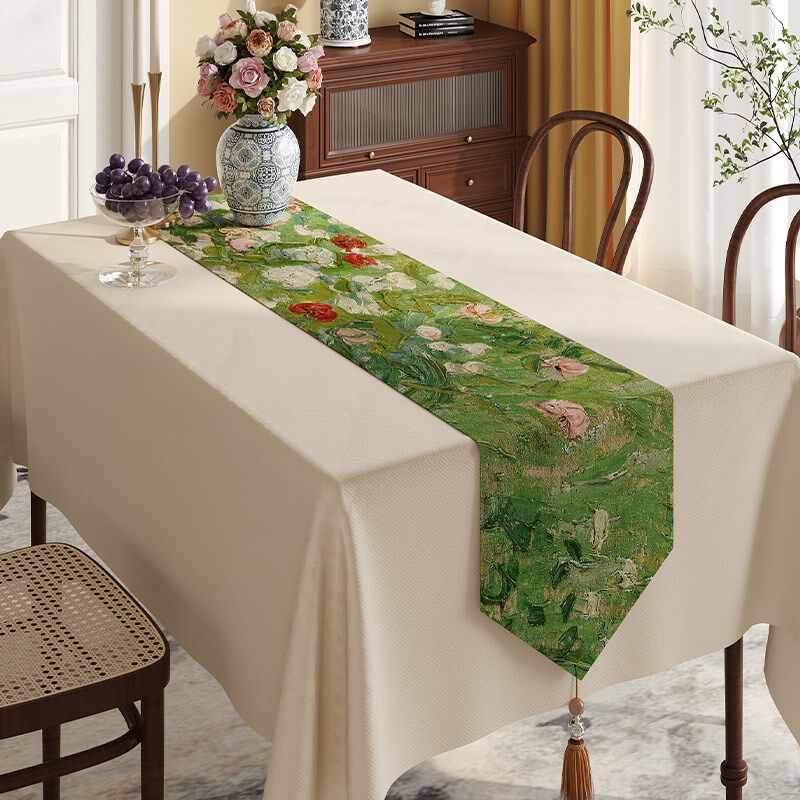 新款梵高油d画桌旗桌布棉麻流苏长条形电视柜桌布防尘防水鞋柜盖