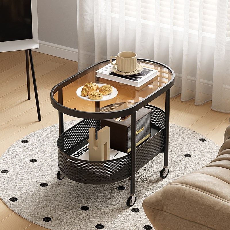 新款可移动茶几奶l油风玻璃边几客厅轻奢家用沙发侧边柜简约带轮