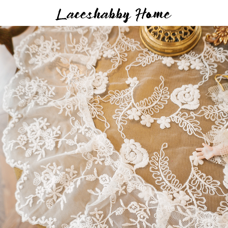 新款LACESHABBY新款法式复古风格白I色玫瑰绣花蕾丝桌旗桌布盖巾1