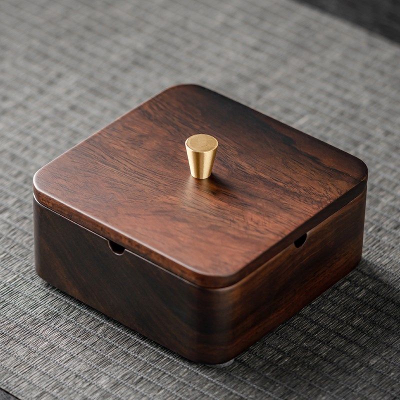 新款黑檀木烟灰缸一o体中式实木带盖个性创意花梨木家用客厅定制
