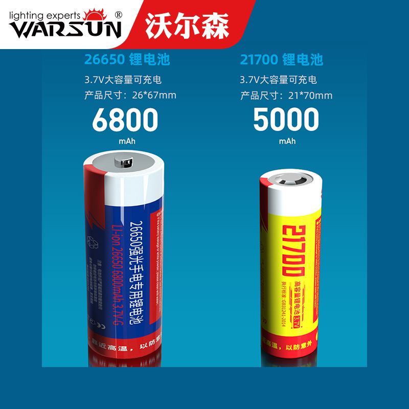 沃尔森21700锂电26650锂电池3.7V大容量可充电 LED强光手电筒专用 户外/登山/野营/旅行用品 电池/燃料 原图主图