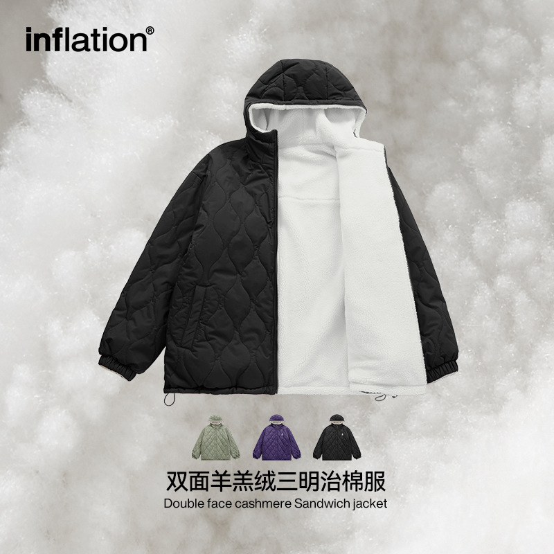 INF男装|双面羊羔绒三明治连帽棉服2024秋冬潮牌个性拉链夹克外套