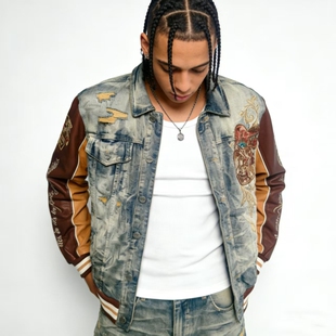 美式 美版 牛仔外套 拼接 万针刺绣 嘻哈街头hiphop说唱 做旧水洗