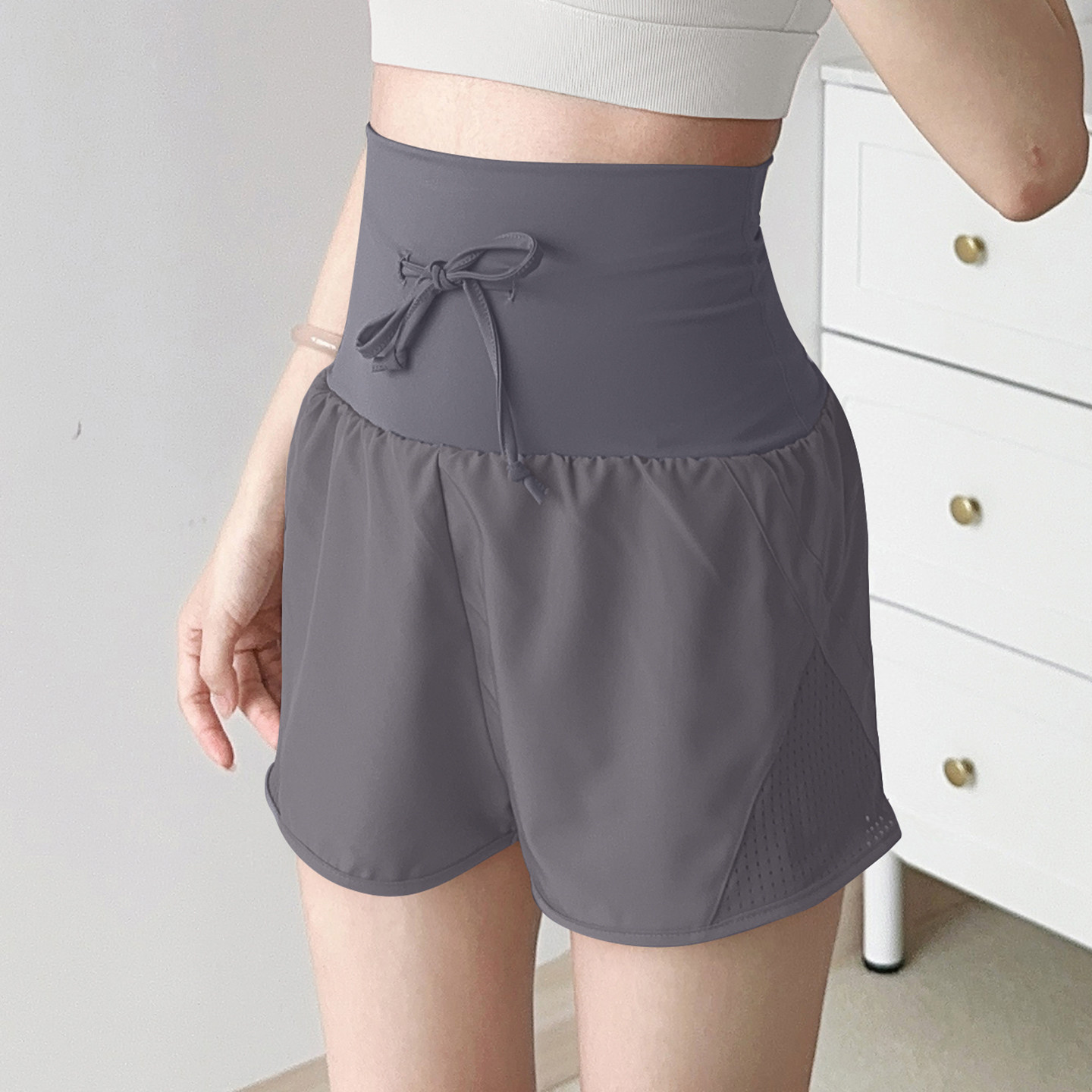 防走光运动短裤女薄款夏季假两件高腰抽绳跑步瑜伽三分裤宽松外穿