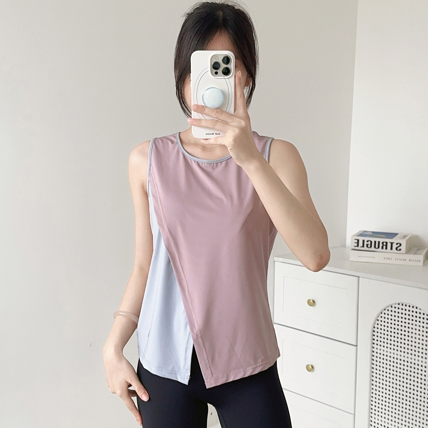 夏季轻盈透气无袖运动背心女拼色瑜伽服罩衫普拉提健身速干上衣潮