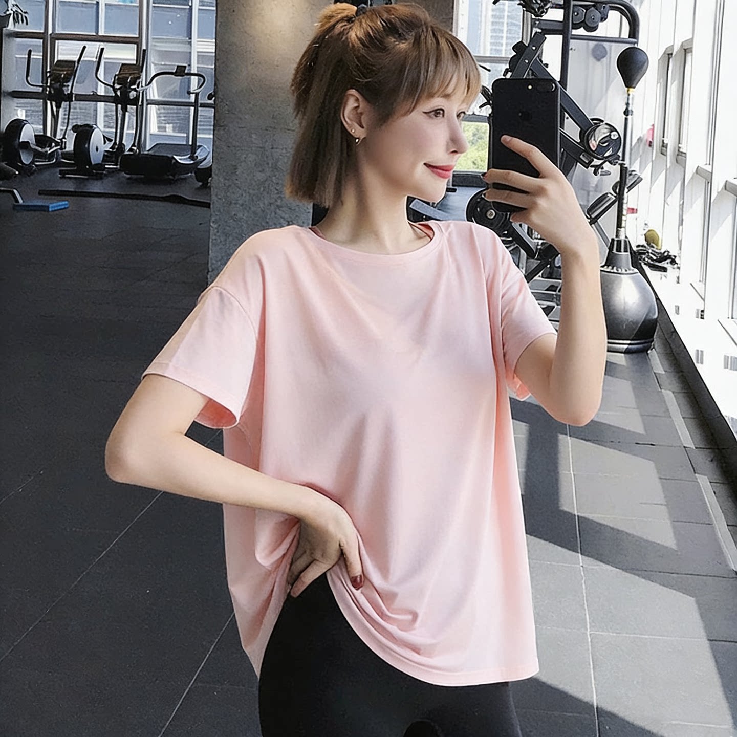 宽松大码女健身服瑜伽服上衣速干跑步长款字母运动T恤短袖夏季薄