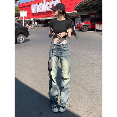 美式复古窄版直筒做旧牛仔裤女2025春夏新款低腰显瘦百搭休闲裤子