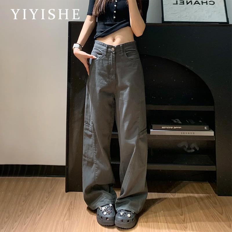 美式灰色工装阔腿牛仔裤女2025秋季新款高腰显瘦设计感宽松直筒裤