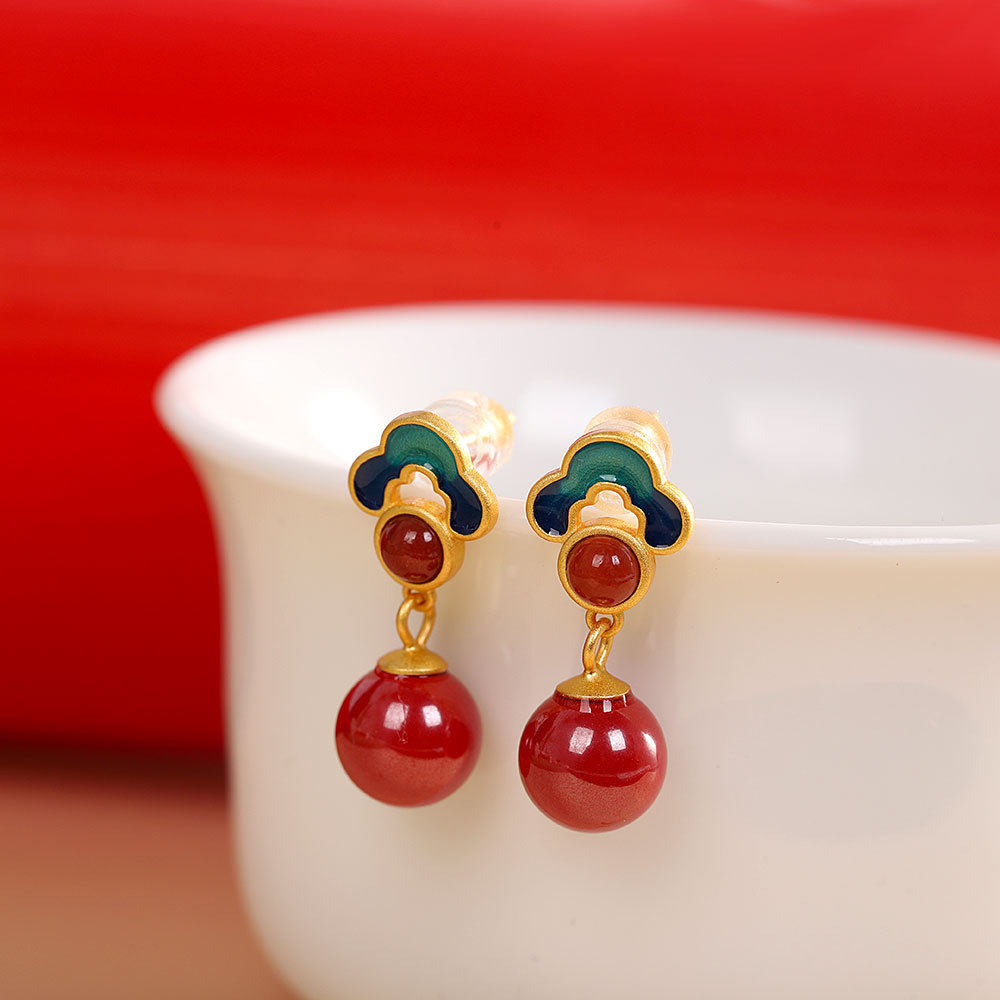 精品银品s925银镀金烧蓝祥云朱砂耳钉时尚国风女士耳饰景泰蓝耳环