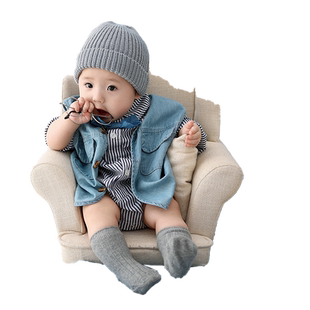 百天周岁摄影服男宝拍照衣服道具ins风牛仔马甲主题影楼婴儿写真