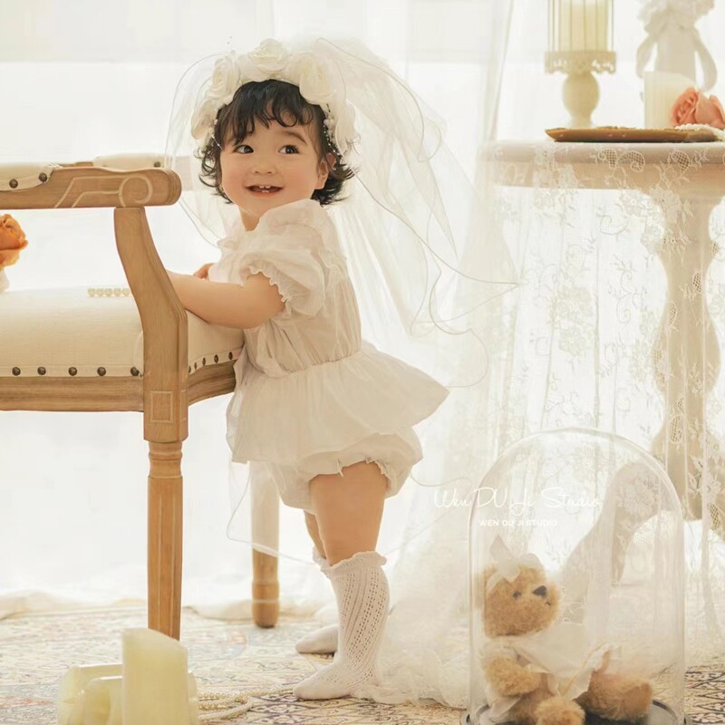 百天摄影新品周岁欧式复古婚纱头纱公主唯美儿童摄影2岁拍照服装