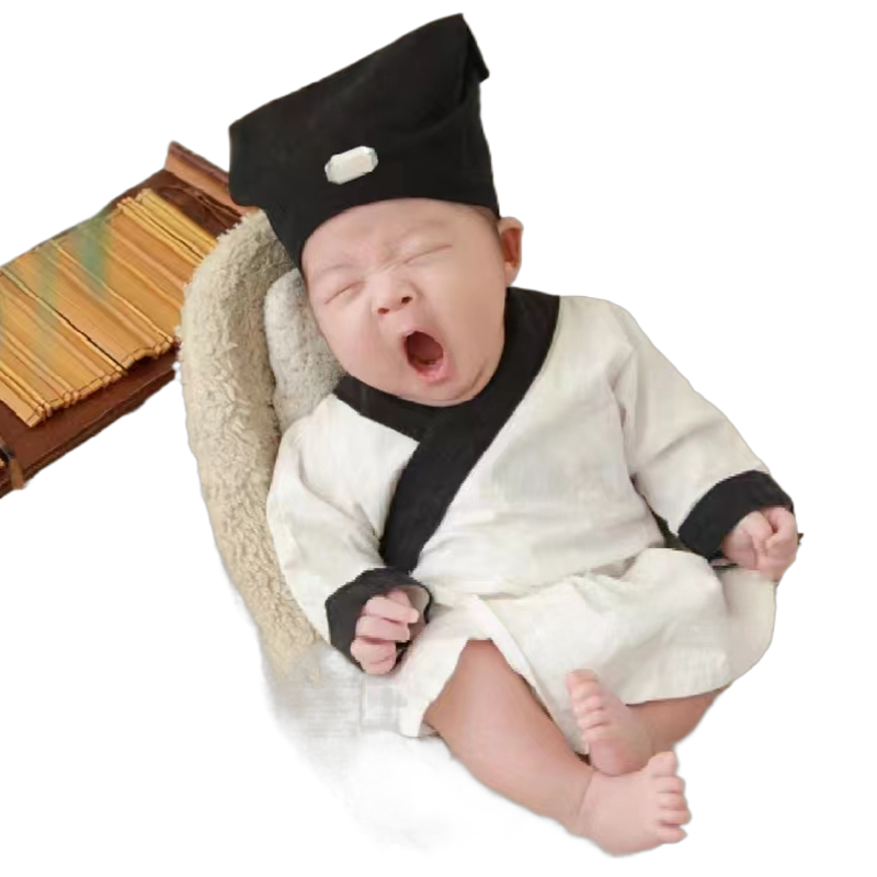 小书童新生儿满月百天宝宝拍照道具服饰儿童摄影古装毛笔书法桌子