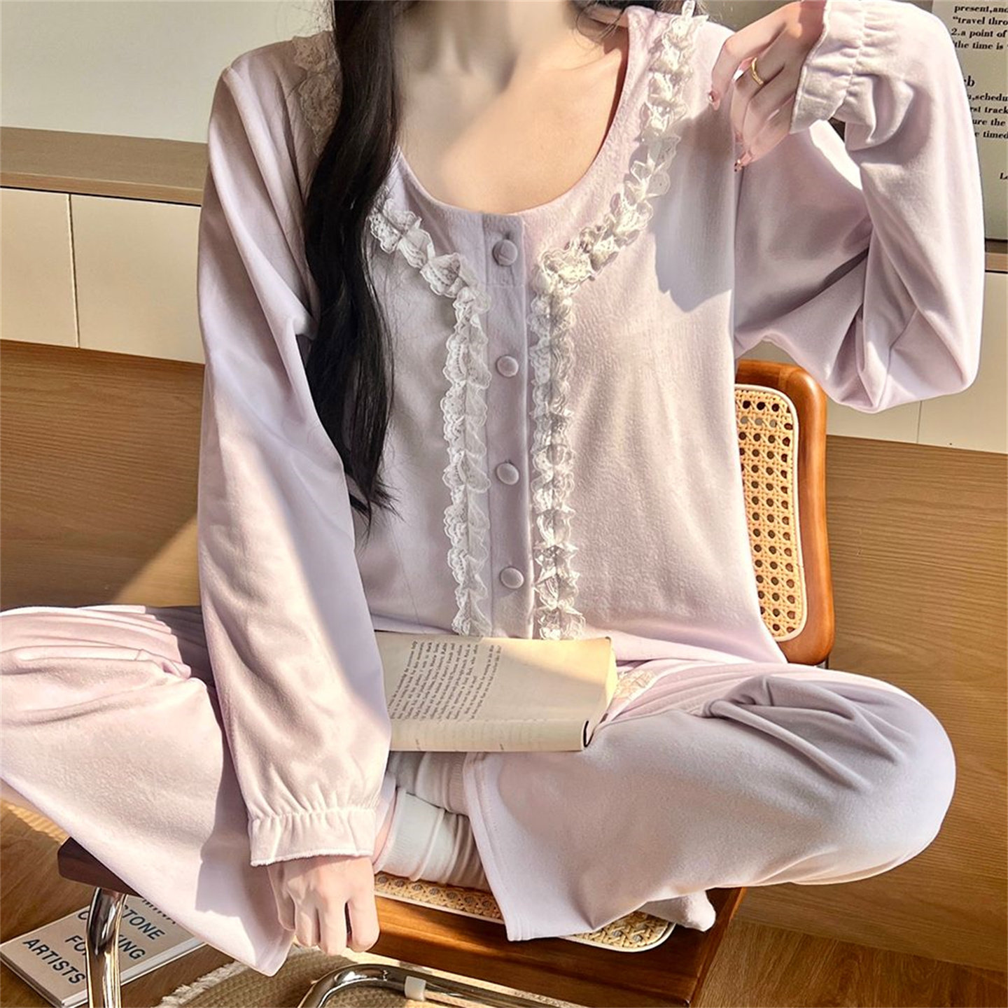 双面海岛绒宫廷蕾丝公主风睡衣