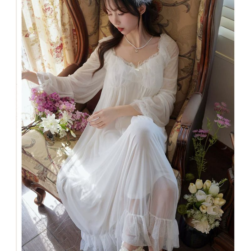 甜美法式公主风长袖方领睡裙女带胸垫夏季白色宫廷风家居服可外穿