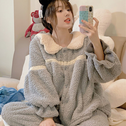 珊瑚绒睡衣女冬季加绒加厚公主风可爱少女长毛绒软乎乎家居服套装