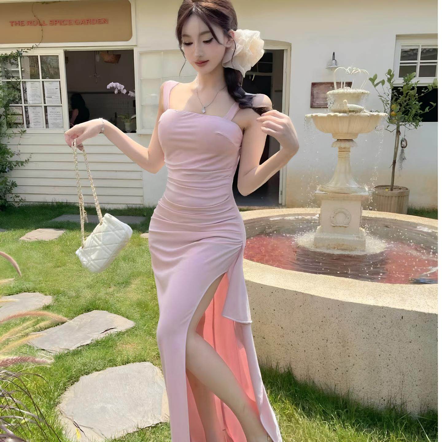SPA足疗桑拿技师工作服性感抹胸背心连衣裙修身开叉不规则长裙子