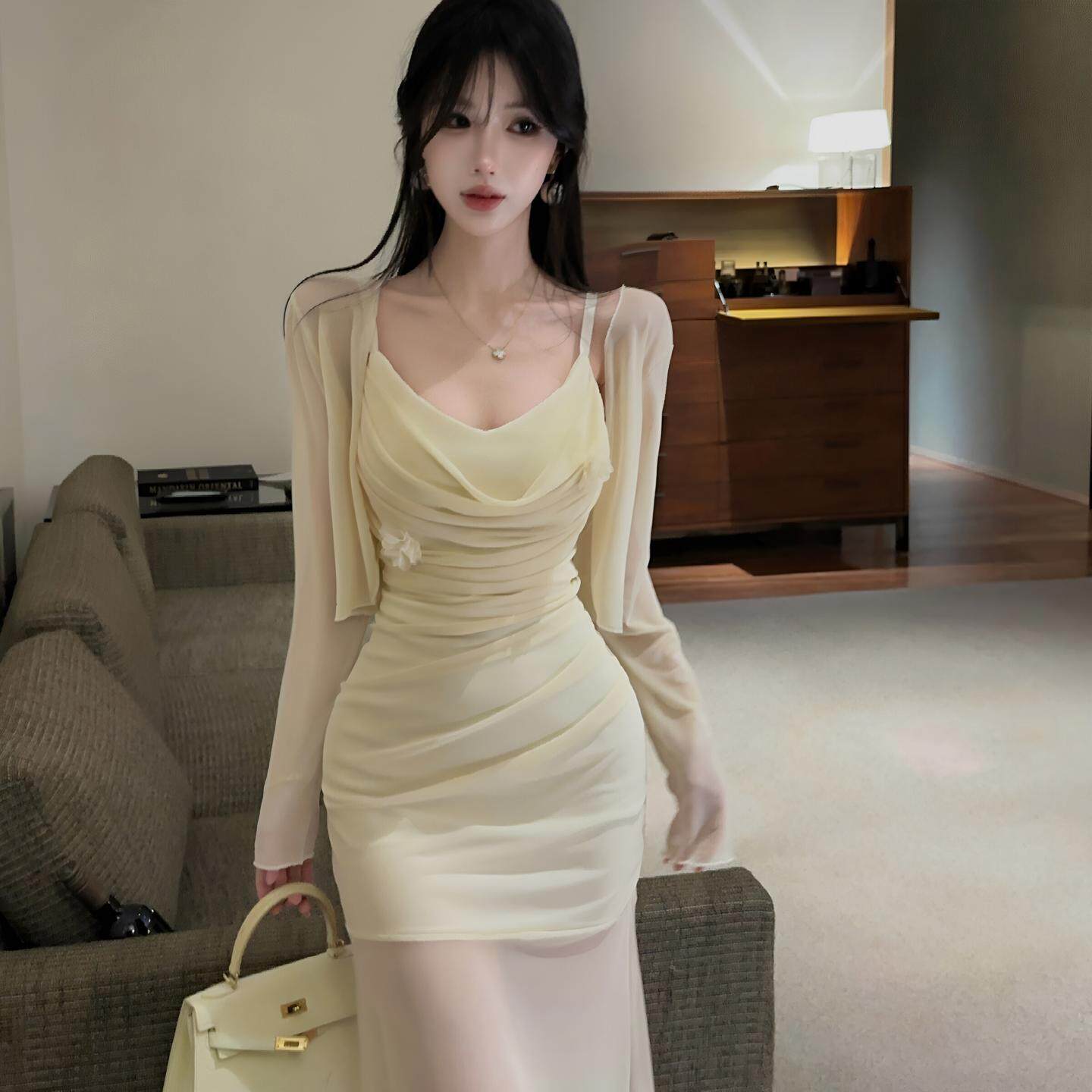 性感荡领网纱吊带连衣裙女夜场柔式足疗桑拿技师工作服开衫防晒衫