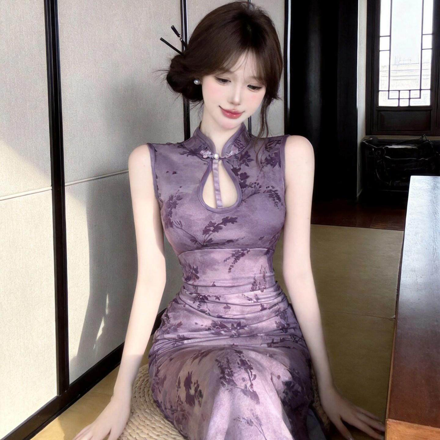 性感旗袍技师工作服性感镂空网纱印花改良版连衣裙显瘦开叉礼服裙