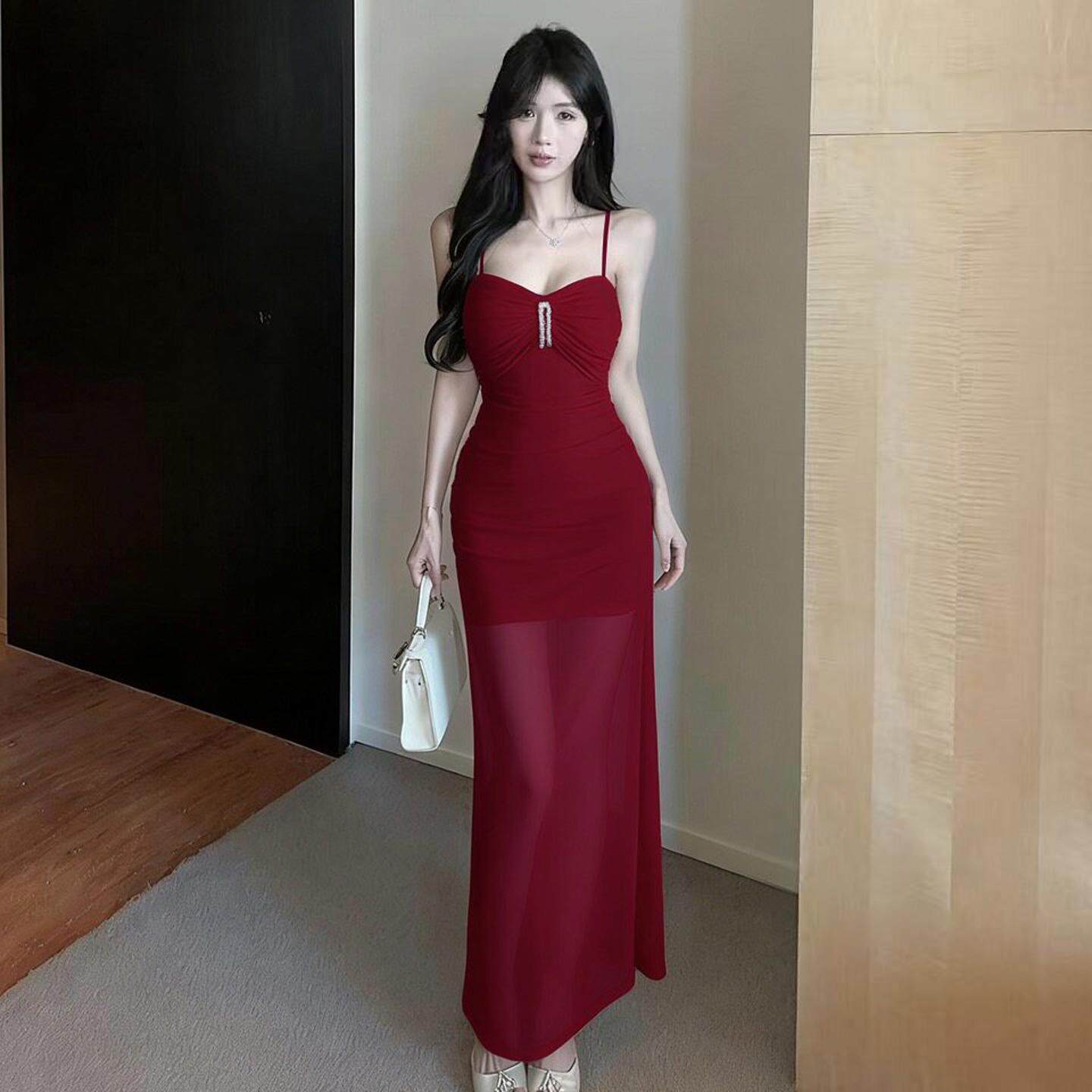 性感低胸网纱吊带连衣裙柔式足浴桑拿技师工作服收腰显瘦礼服长裙