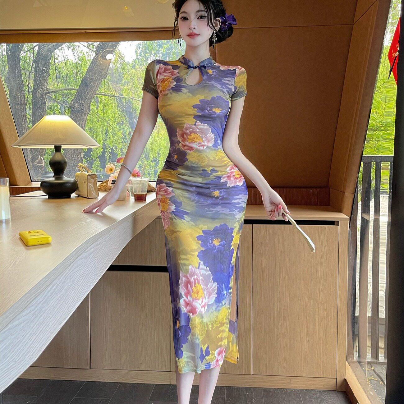 时尚复古印花盘扣镂空改良旗袍裙连衣裙