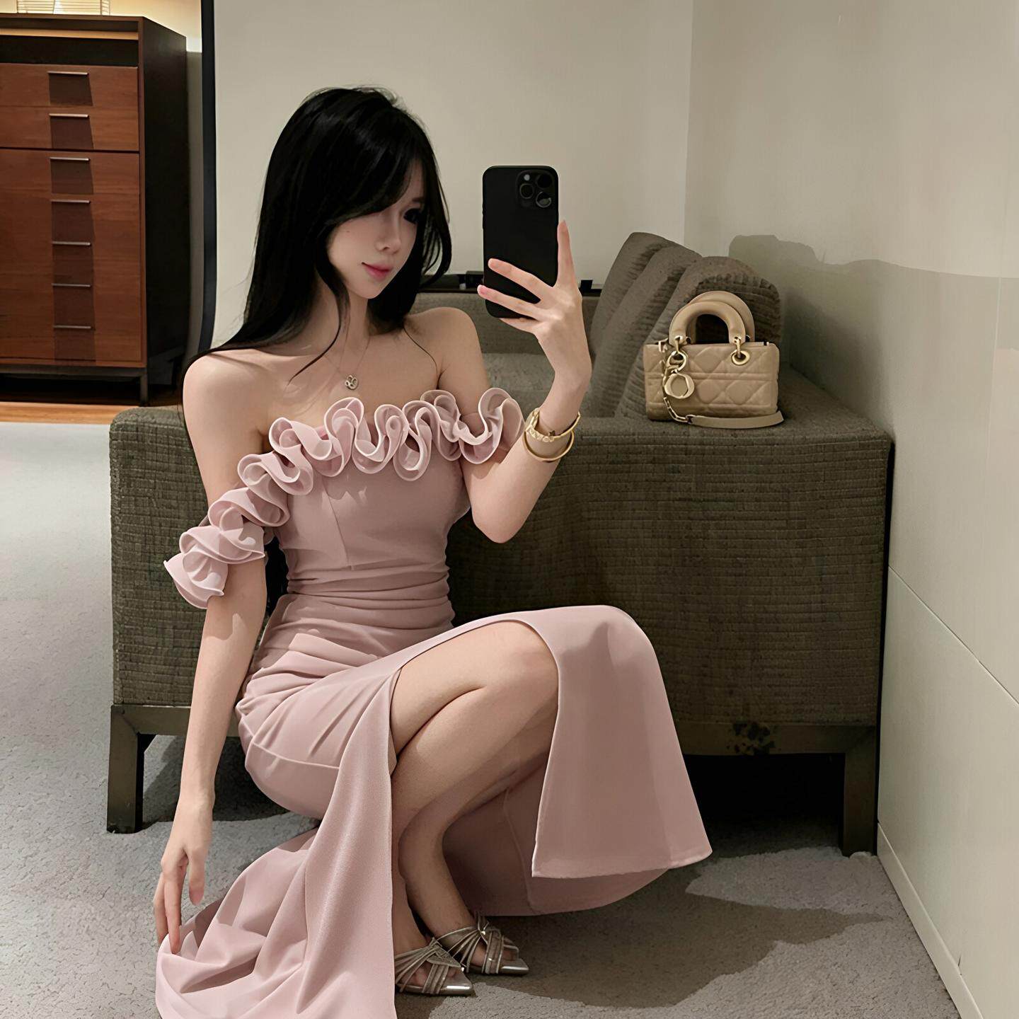 新款夜场女装性感一字领露肩连衣裙女夜总会柔式减龄足浴佳丽礼服