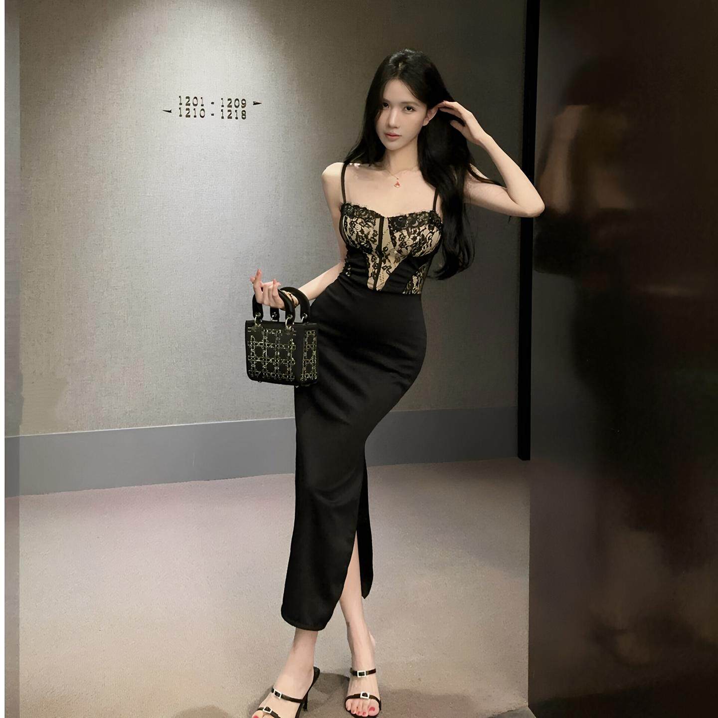 辣妹纯欲风性感低胸蕾丝吊带连衣裙修身开叉露背气质夜场技师长裙