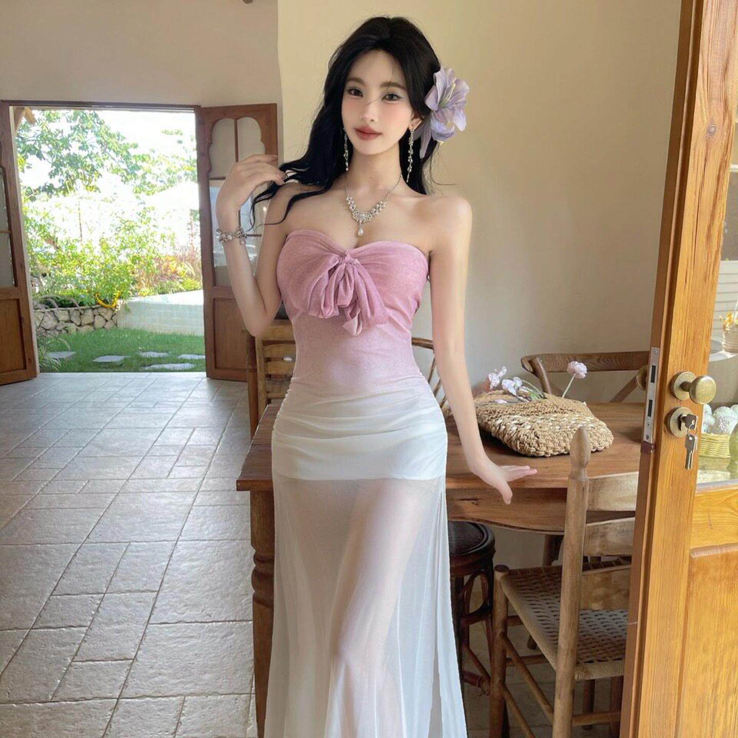 性感低胸网纱渐变色吊带连衣裙修身显瘦礼服长裙夜场柔式技师工装