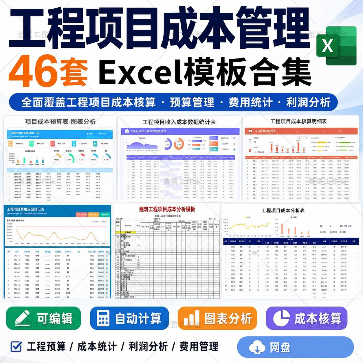 工程项目成本核算Excel模板费用预算收支明细利润统计自动计算表