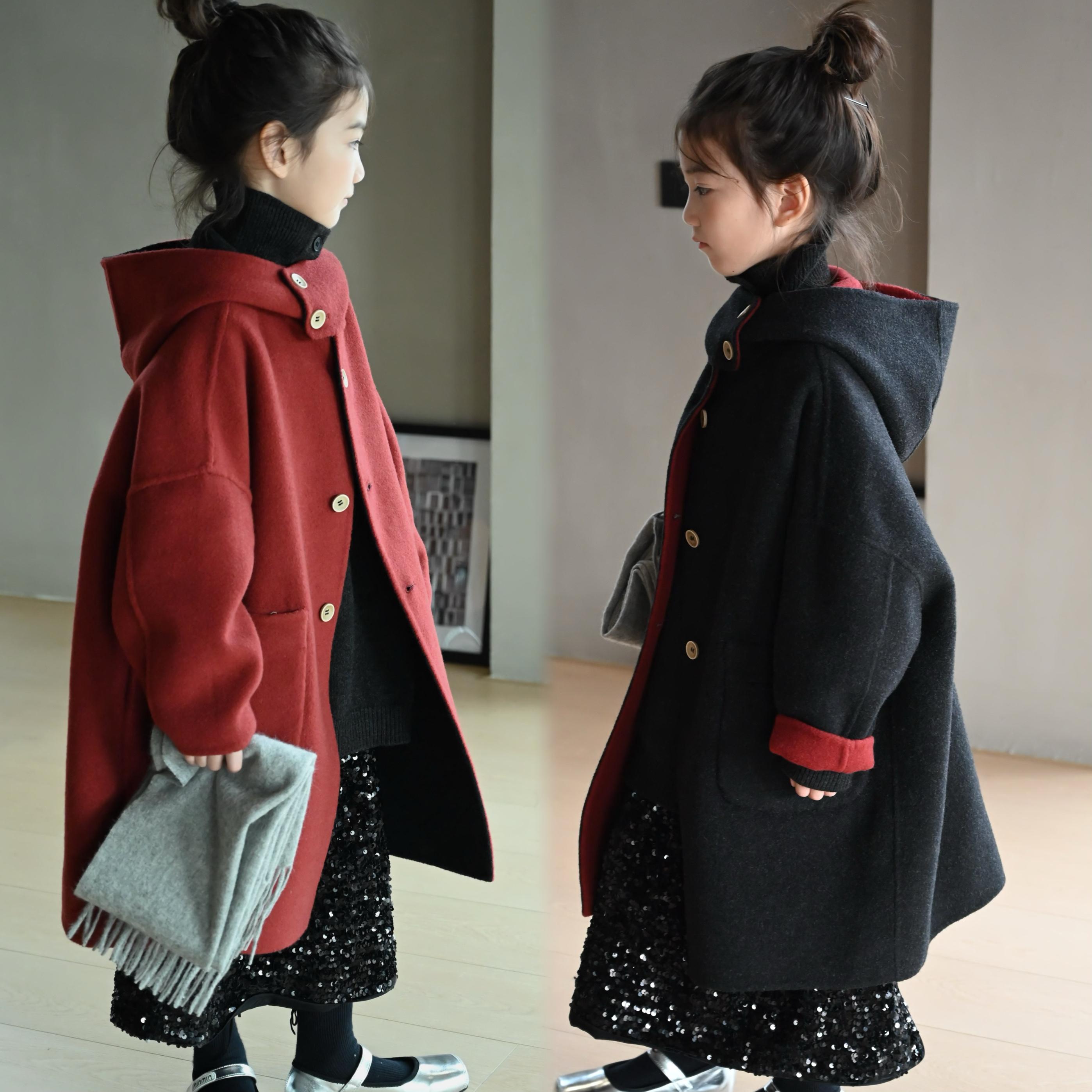 童装秋冬季儿童双面绒中长款女童毛呢外套洋气2025双色大衣男童潮