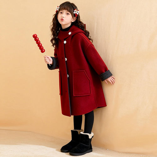 拜年服女童新年红色呢子大衣2026新款儿童中国风双面穿外套过年服